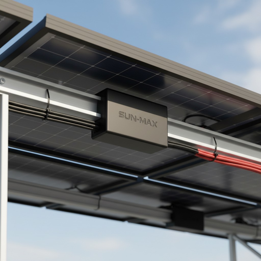 This image is a photo of a black rectangular box with the words "SUN-MAX" engraved on one side, featuring several cables a...