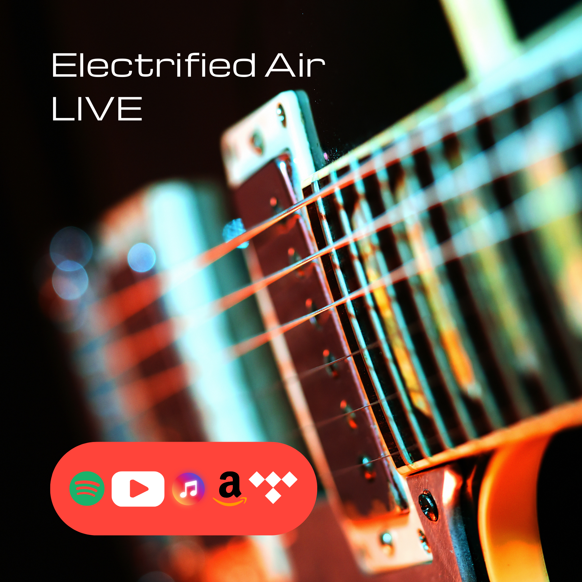 closeup of a guitar fretboard with text overlay and a group of play buttons