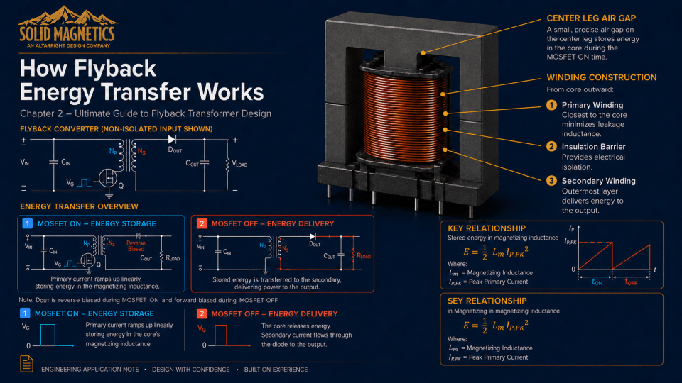 Flyback converter energy-transfer diagram showing primary energy storage during MOSFET on-time and secondary energy delivery during off-time with a realistic transformer and switching waveforms.