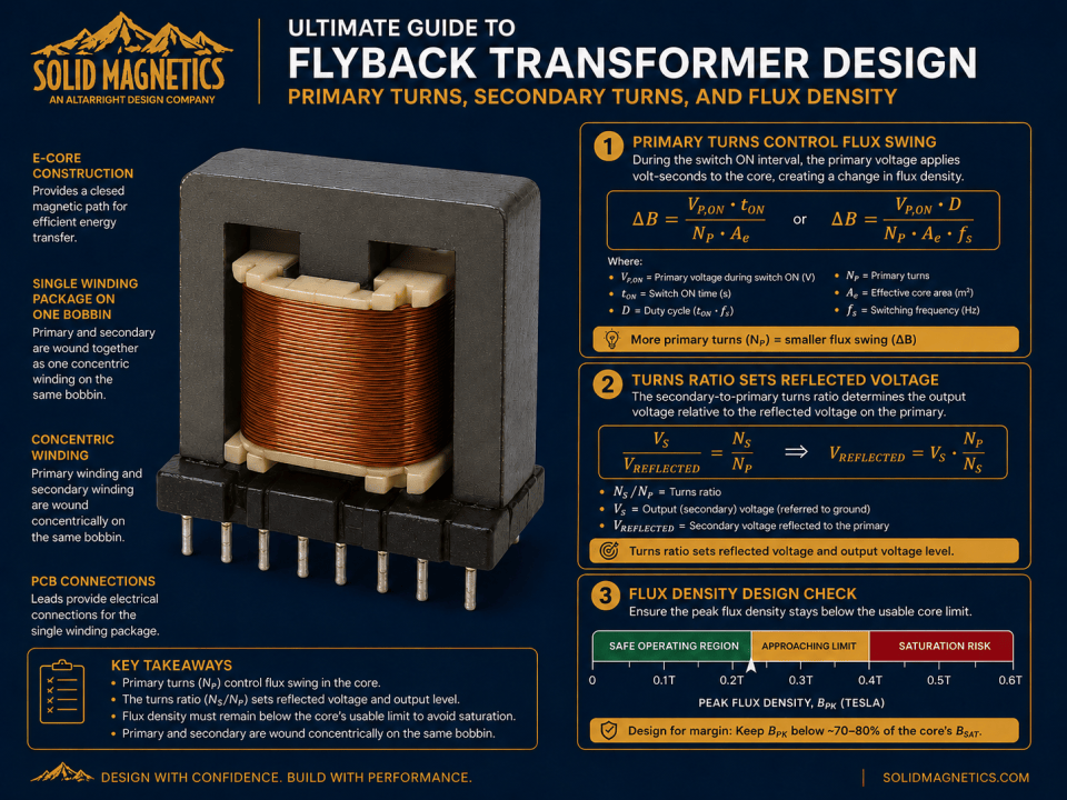 Flyback transformer design diagram showing a realistic E-core with primary and secondary windings wound concentrically on one bobbin, plus turns-ratio and flux-density design relationships.