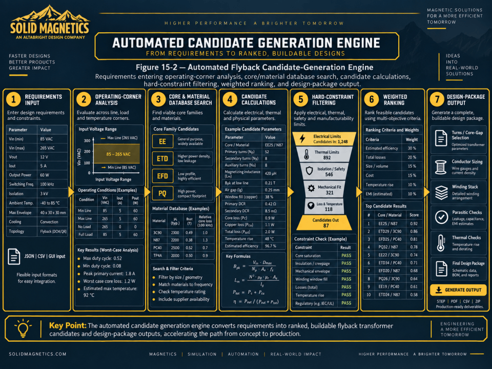 Automated flyback transformer candidate-generation engine showing requirements input, operating-corner analysis, core and material database search, candidate calculations, hard-constraint filtering, weighted ranking, and design-package output.