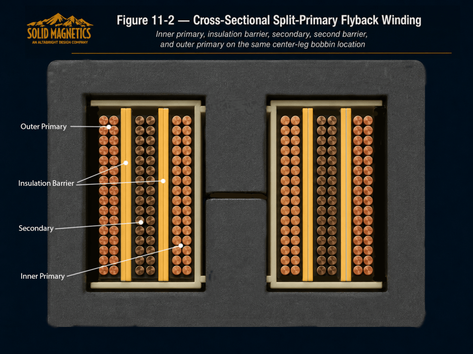 Cross-sectional split-primary flyback transformer winding showing outer primary, insulation barrier, secondary, second insulation barrier, and inner primary arranged radially around the center-leg bobbin.