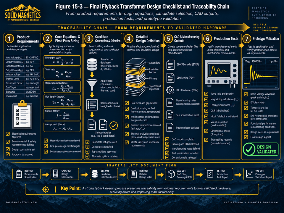 Final flyback transformer design checklist and traceability chain showing product requirements, engineering equations, candidate selection, detailed design, CAD and manufacturing outputs, production tests, and prototype validation.