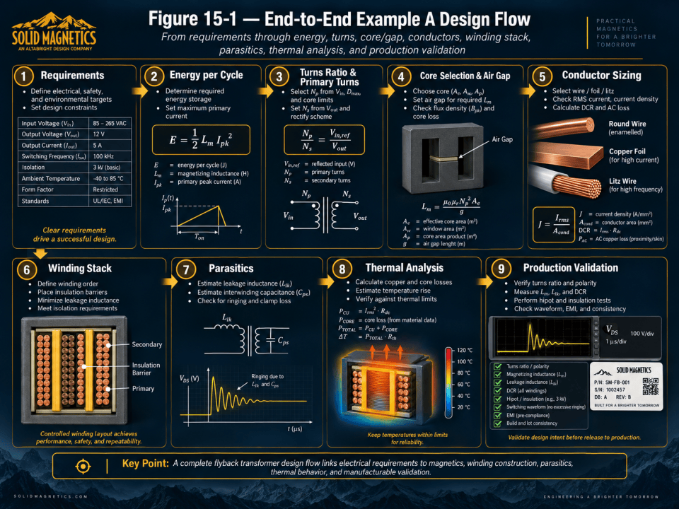 End-to-end flyback transformer design flow showing requirements, energy per cycle, turns ratio, core and air-gap selection, conductor sizing, winding stack, parasitics, thermal analysis, and production validation.
