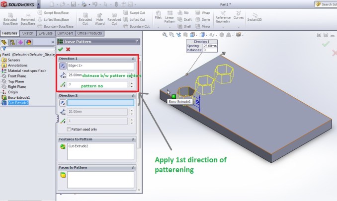 solidworks linear pattern tool apply direction 1 of linear patterning