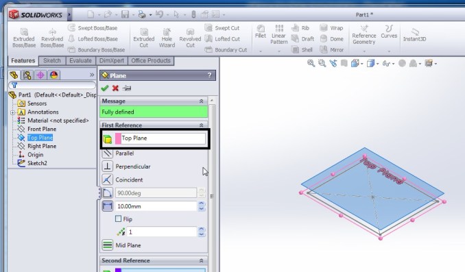 solidworks loft boss base tutorials create new plane using rerference geometry step 2-1
