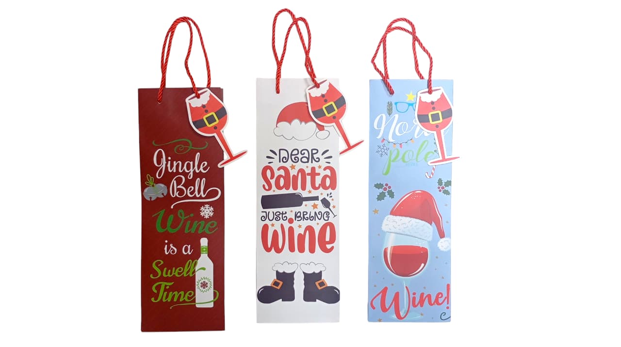 Bolsa de regalo para vino 12 x 9 x 36 cm, 4 diseños navideños surtidos