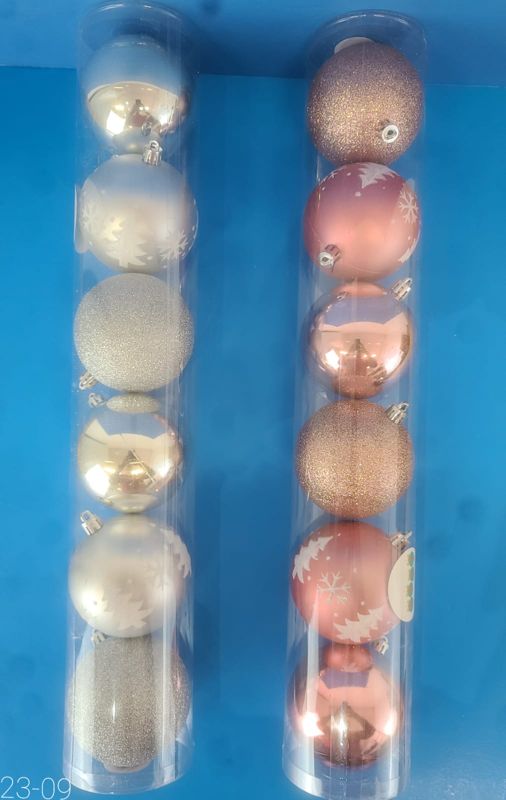 Bolas navideñas 8 cm, juego de 6 en tubo diseño 4, 3 colores surtidos