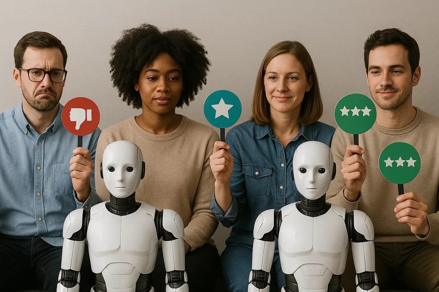 Four people sit beside humanoid robots, each holding rating paddles—dislike, neutral, like, and three stars—indicating varied opinions about the robots.