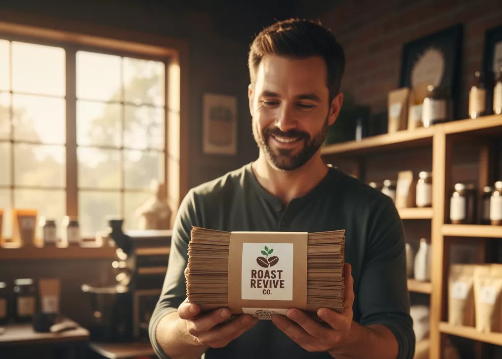 A man stands in a sunlit shop, smiling while holding a bundle of coffee bags labeled "Roast Revive Co." Shelves with various products are visible in the background.