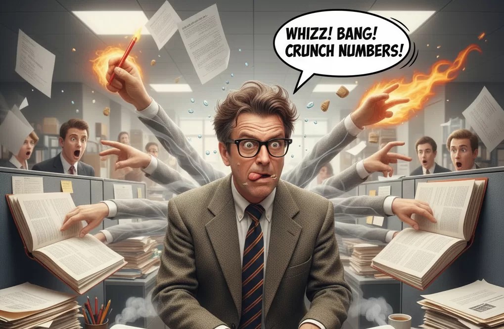 A man in an office appears overwhelmed as papers and flaming pens fly around him, while he juggles books. A speech bubble says, "Whizz! Bang! Crunch numbers!.