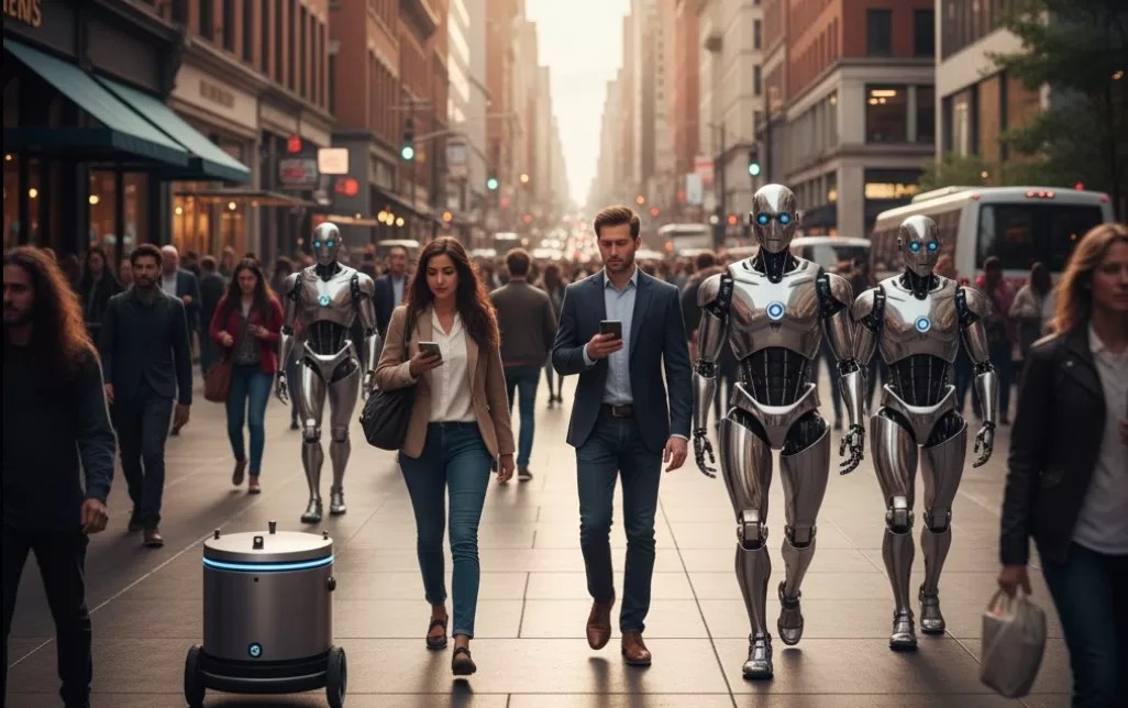 People and humanoid robots walk together on a busy city street, with some individuals using smartphones and a small wheeled robot in the foreground.
