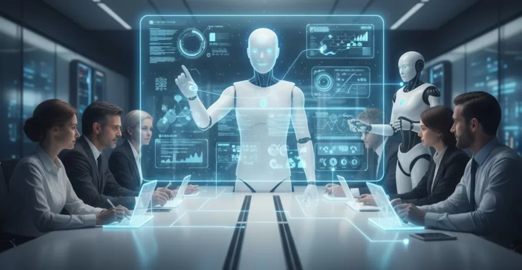 A group of people in business attire sit at a conference table with laptops, while humanoid robots present data on a large, futuristic digital display.