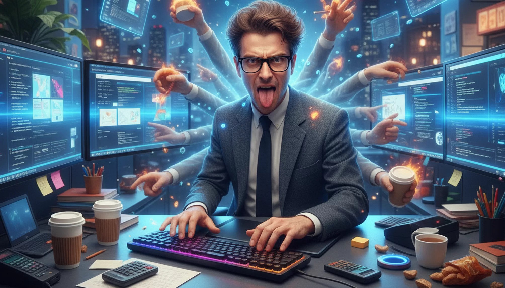 A man in a suit sits at a cluttered desk with multiple monitors, appearing stressed and multitasking with many hands, holding coffee, food, and office supplies.