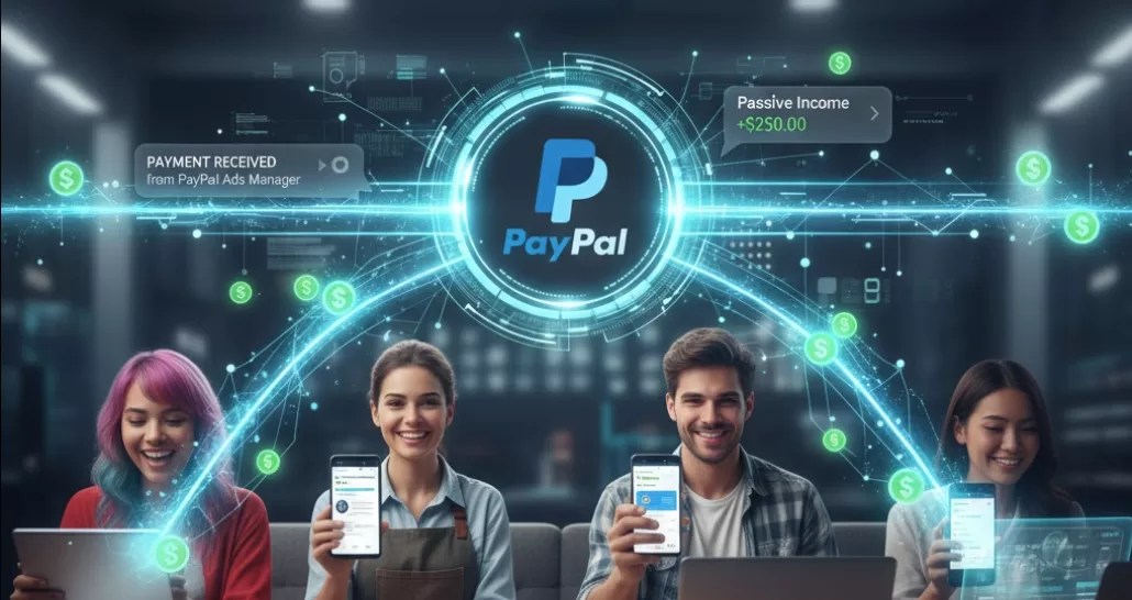 Four people use digital devices in front of a large PayPal logo, with graphics showing digital payments, passive income, and connected money symbols.
