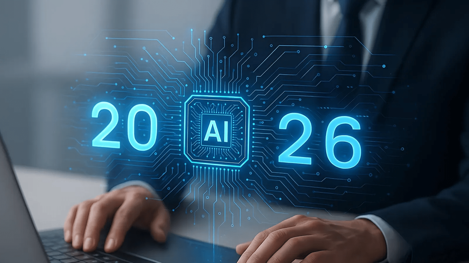A person in a suit types on a laptop with a digital graphic showing "2026" and an AI chip symbol superimposed.