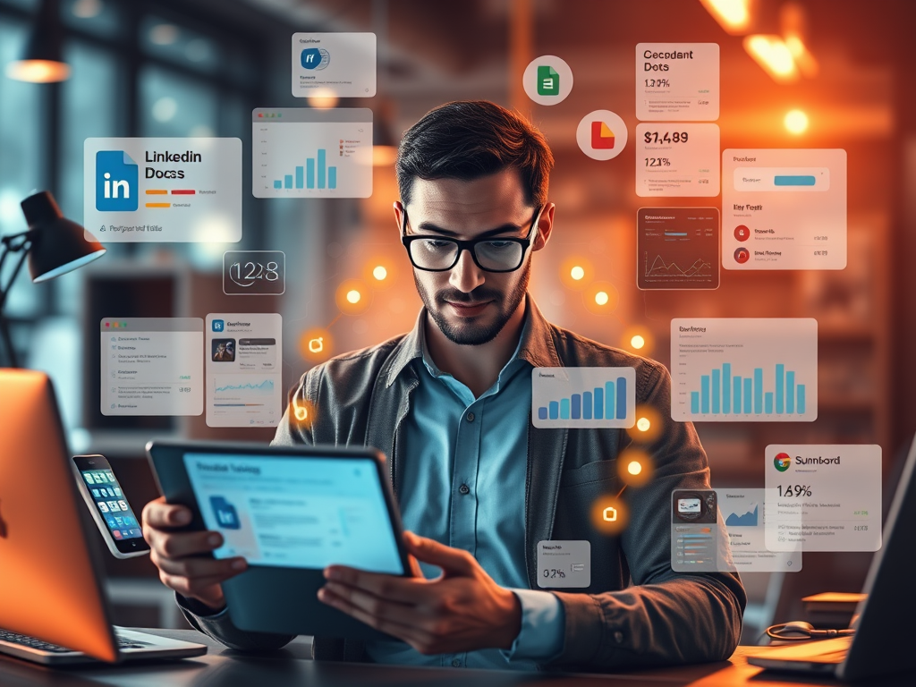 A man in an office reviews data on a tablet, surrounded by floating digital charts, graphs, and app icons, representing data analysis and business technology.