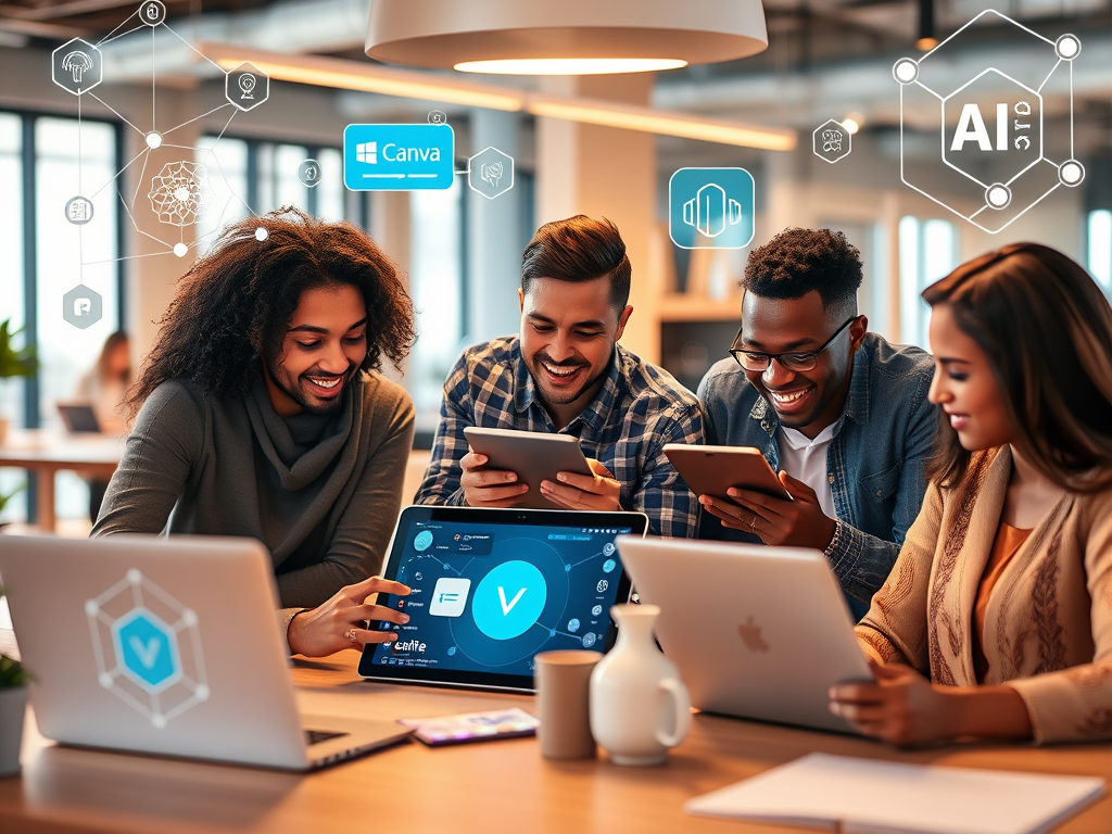 Four people collaborate at a desk with laptops and tablets, surrounded by digital icons representing AI, apps, and technology in a modern office setting.