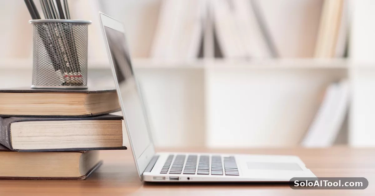 An open laptop on a wooden desk beside a stack of books in front of a bright bookshelf.