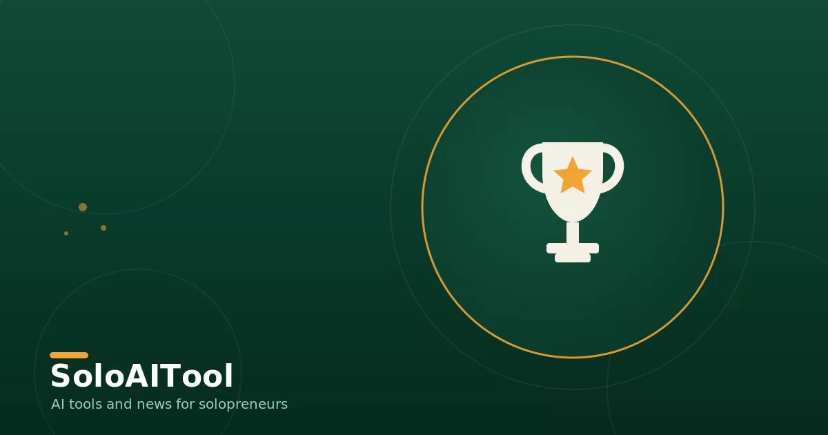 Flat geometric trophy with a star inside a circular badge on a dark green background with the SoloAITool logo, representing a solopreneur success story.