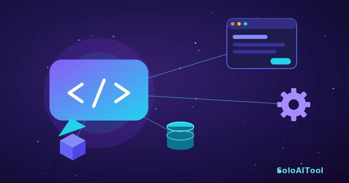 Dark indigo illustration of a glowing chat bubble showing a code symbol, connected by lines to an app window, a gear, a database, and a building block.