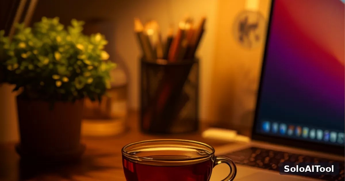 A cozy wooden home office desk with a laptop, a cup of tea, a small plant, and warm lamp light