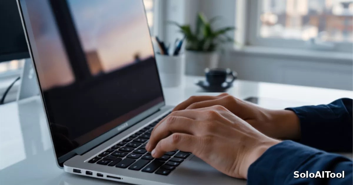 Close-up of hands typing on a laptop keyboard in a bright modern office with large windows.