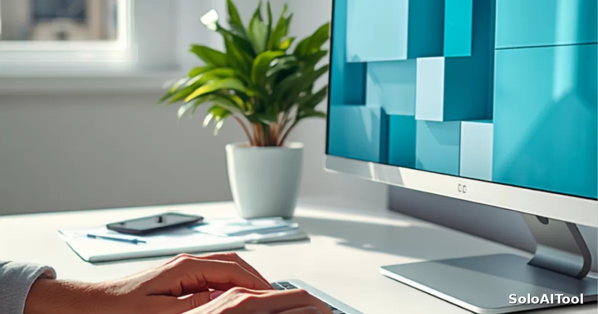 A bright home office desk with hands typing on a laptop beside a monitor showing colorful design blocks and a green plant.