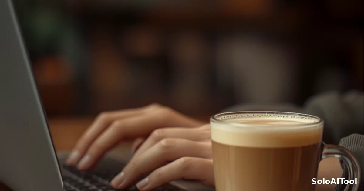 Close up of hands typing on a laptop in a cozy coffee shop with warm golden bokeh and a latte on the table.
