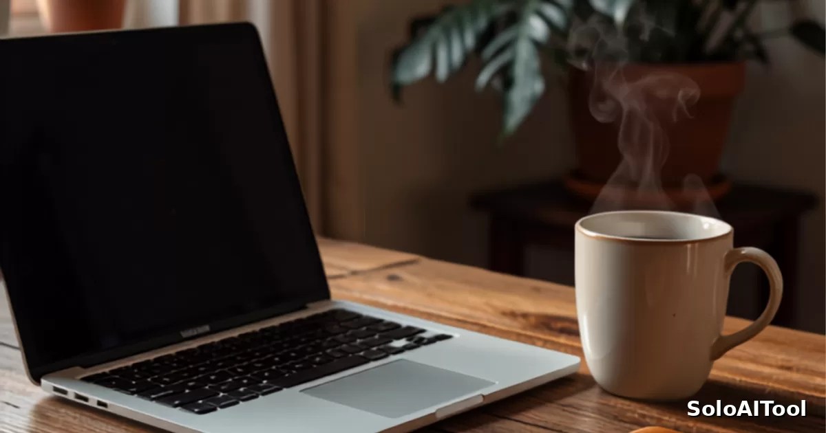 An open laptop, coffee mug and leather notebook on a sunlit wooden desk in a cozy home office.