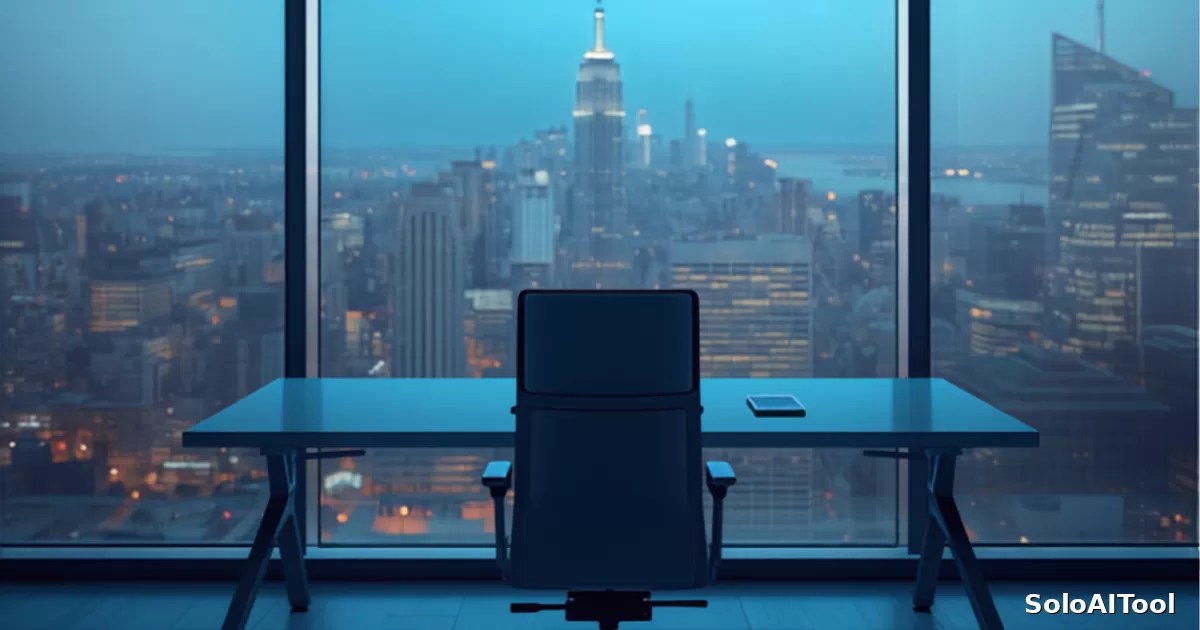 Minimalist office desk and empty chair beside a large window overlooking a city skyline at dusk