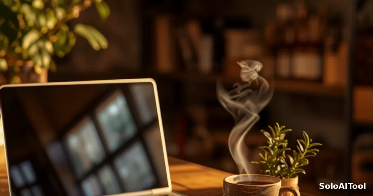 An open laptop, a steaming cup of coffee and a small plant on a warm wooden shop counter