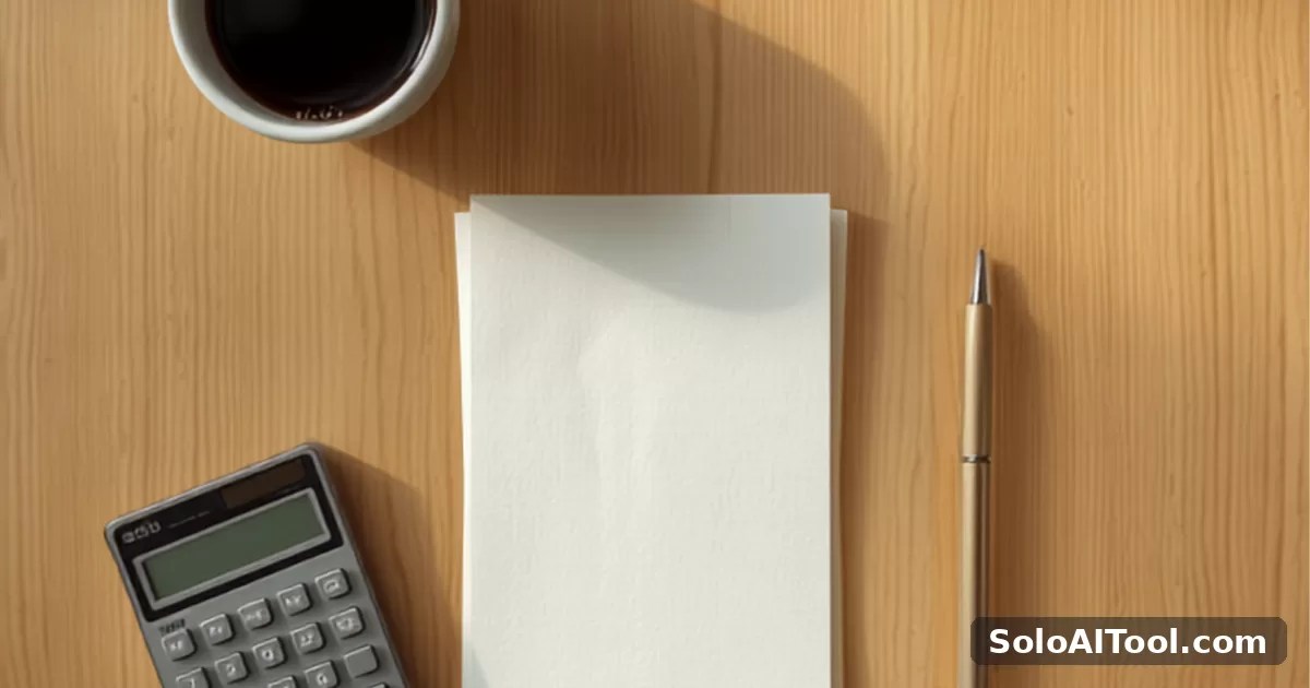 A wooden desk seen from above with a coffee cup, calculator, blank notepad, pen and a small plant.