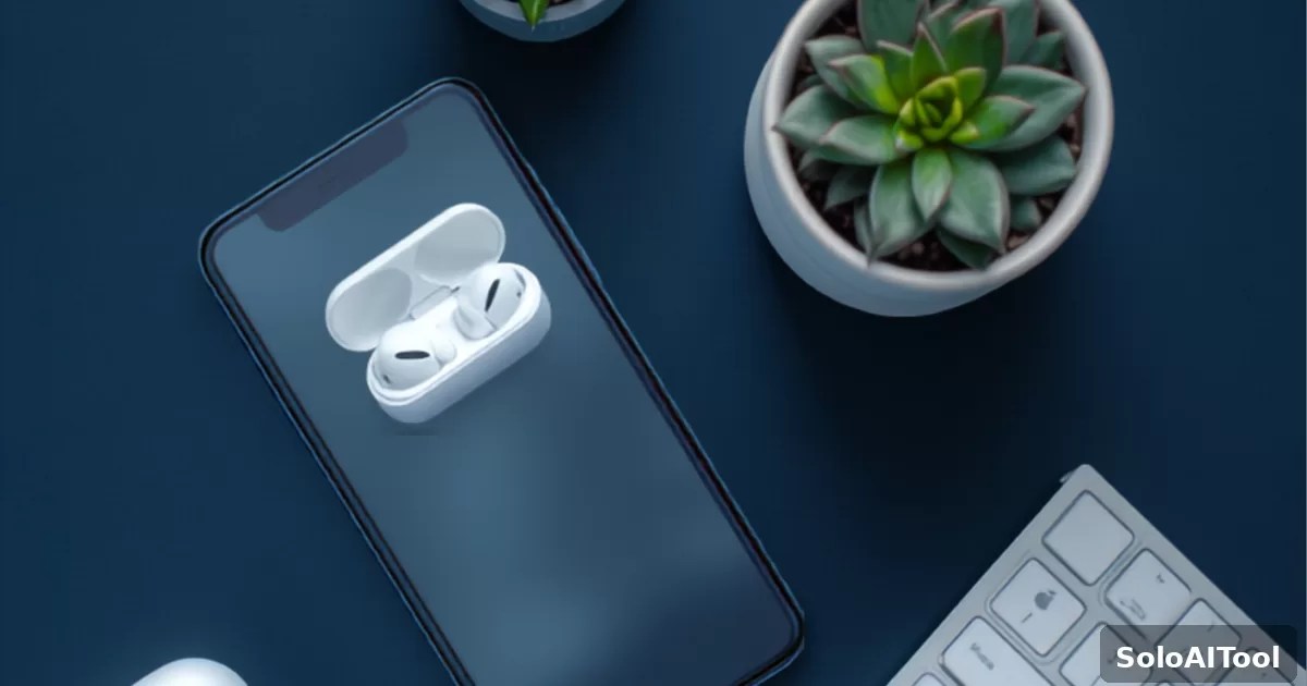 Overhead flat lay on a deep blue desk with a smartphone, wireless earbuds, small succulents and a keyboard