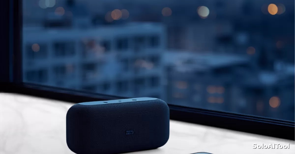 A smart speaker and a smartphone resting on a marble kitchen counter by a window at dusk