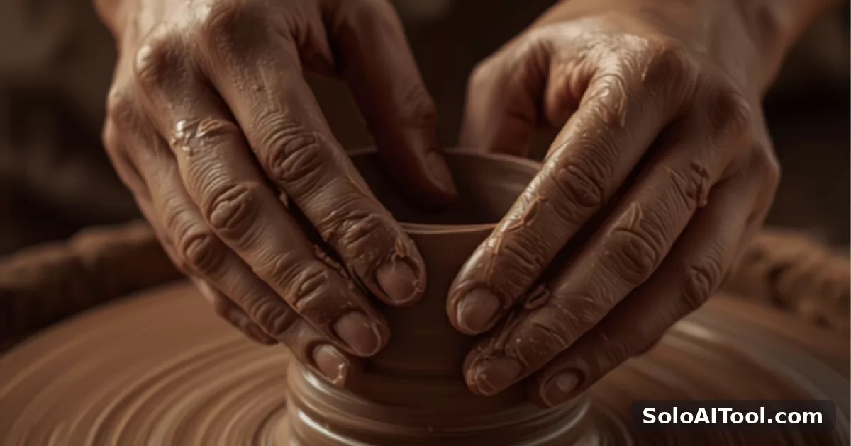 Close-up of a potter's hands shaping and refining wet clay on a spinning pottery wheel.