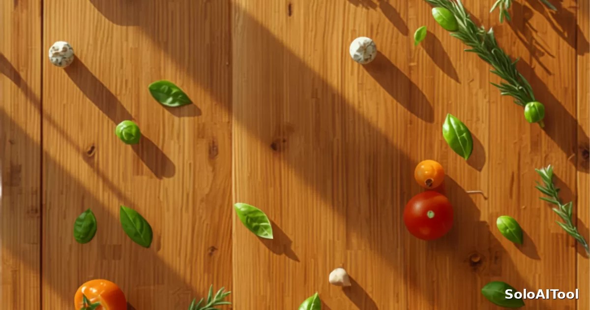 Overhead view of fresh vegetables and herbs on a wooden kitchen table
