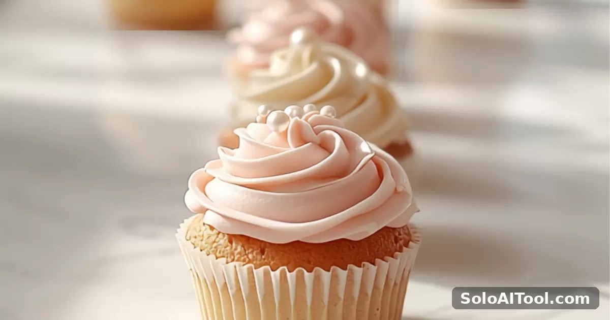 A softly lit home bakery counter with a pastel decorated cupcake in focus on a marble surface.