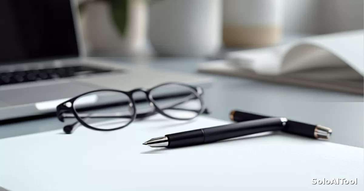 A tidy home office desk with a printed document, reading glasses, a pen and a laptop