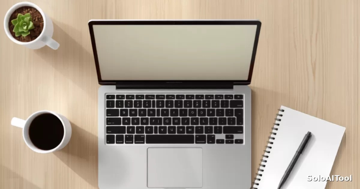 Overhead flat lay of a bright home office desk with an open laptop, notebook, pen, coffee and a small plant on light wood.