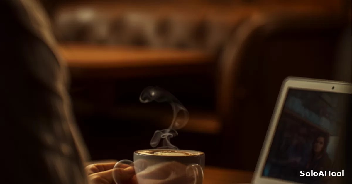 A person working on a laptop with a cup of coffee at a cozy, warmly lit coffee shop table.