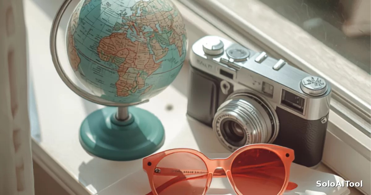 A small world globe, a vintage camera and coral sunglasses on a sunlit windowsill, evoking travel planning.