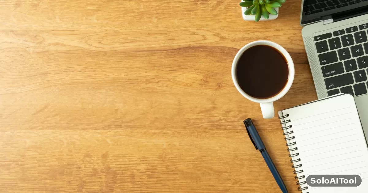 Overhead view of a warm wooden desk with a coffee cup, spiral notebook, pen and the edge of a laptop.
