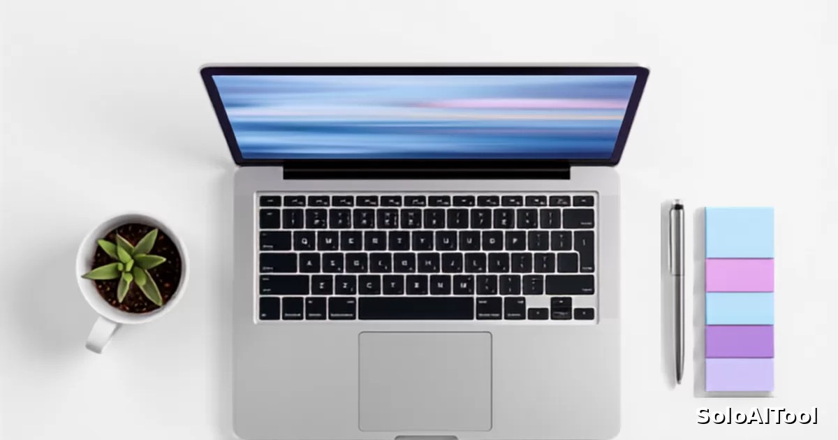 Overhead view of a laptop, coffee, a small succulent, and colorful sticky notes on a white desk