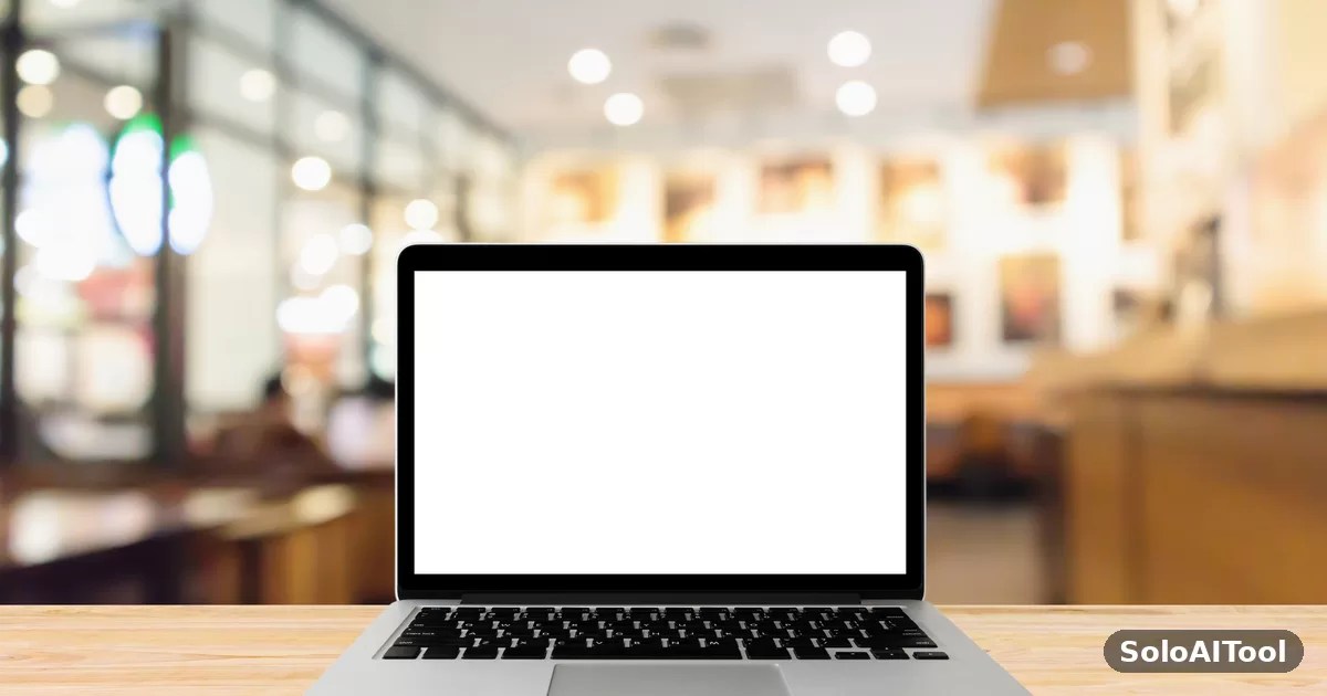 A laptop with a blank screen on a counter in a softly lit coffee shop with warm bokeh lights in the background.