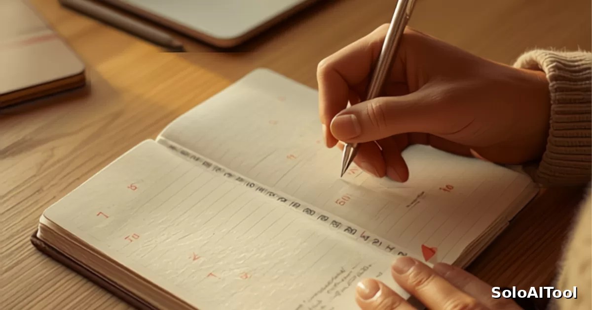 A hand writing a checklist in a notebook beside a laptop on a warm wooden desk