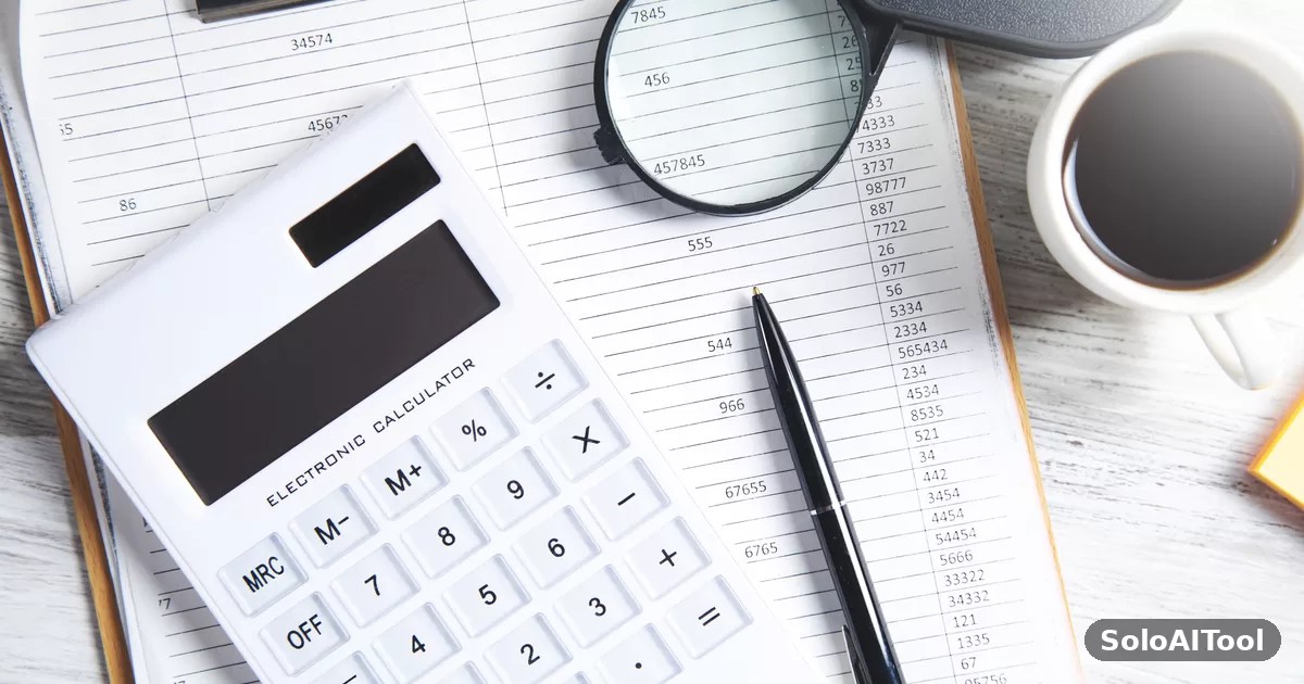 A white calculator, a magnifier, a pen and a coffee cup resting on printed accounting ledger sheets.