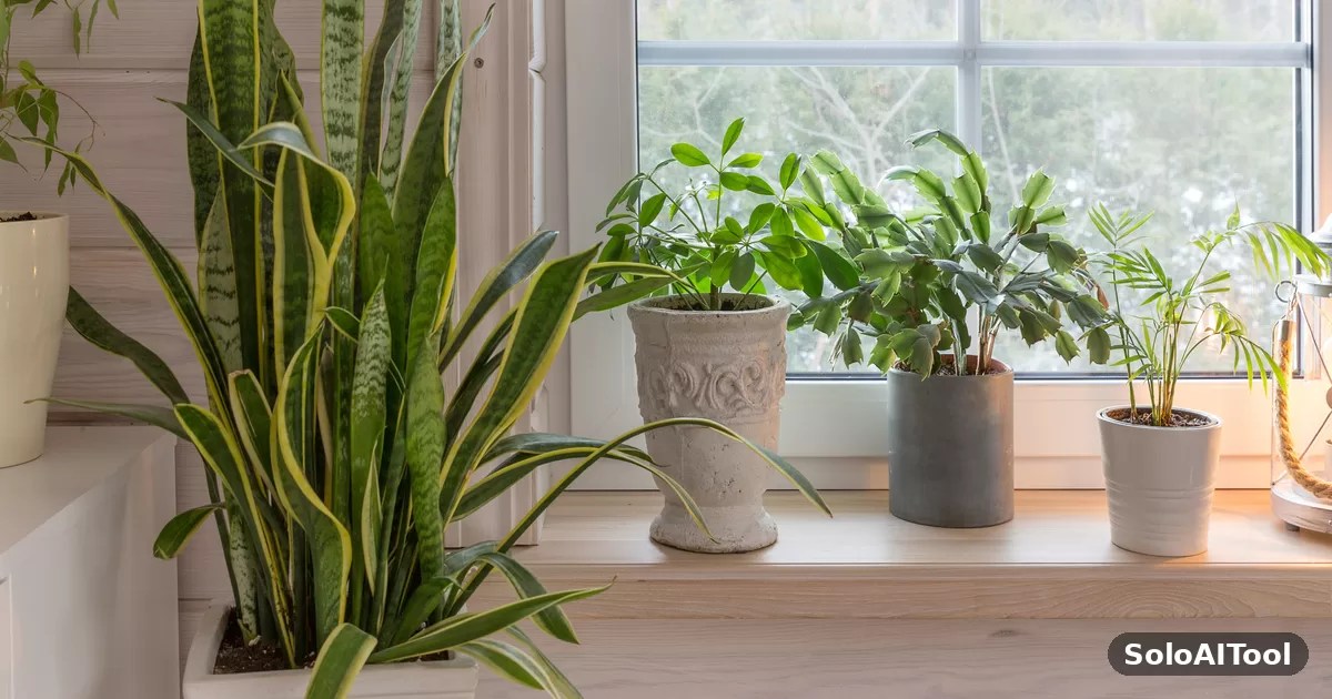 A row of green potted houseplants on a bright windowsill in a sunlit room.