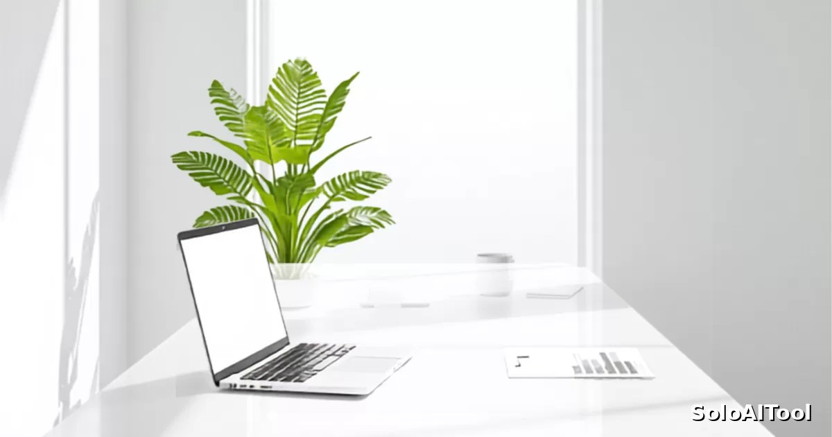 A bright sunlit minimalist home office with a laptop, a leafy plant, and a printed chart on a white desk