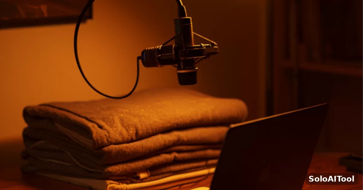 A cozy home studio with a ring light, microphone and laptop set up for recording online lessons in warm evening light